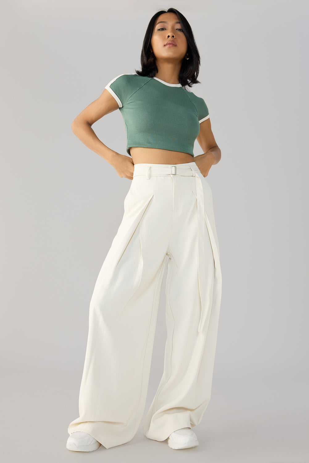 Off White Belted Flared Korean Pants