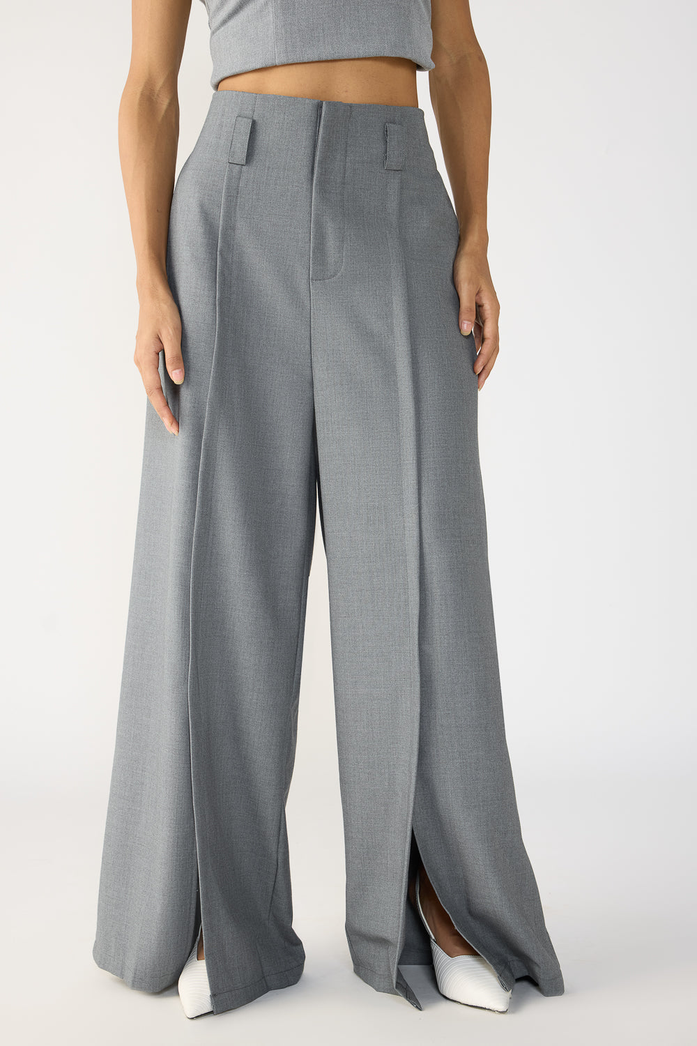 Slubbed Grey Front Slited Korean Pants