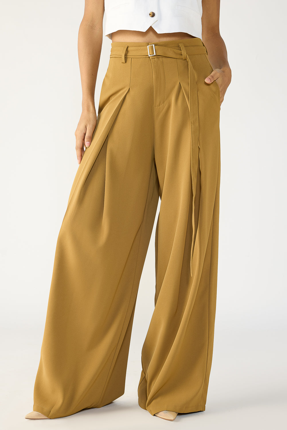 Clay Brown Belted Flared Korean Pants