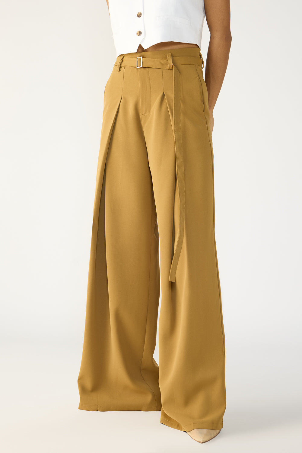 Clay Brown Belted Flared Korean Pants