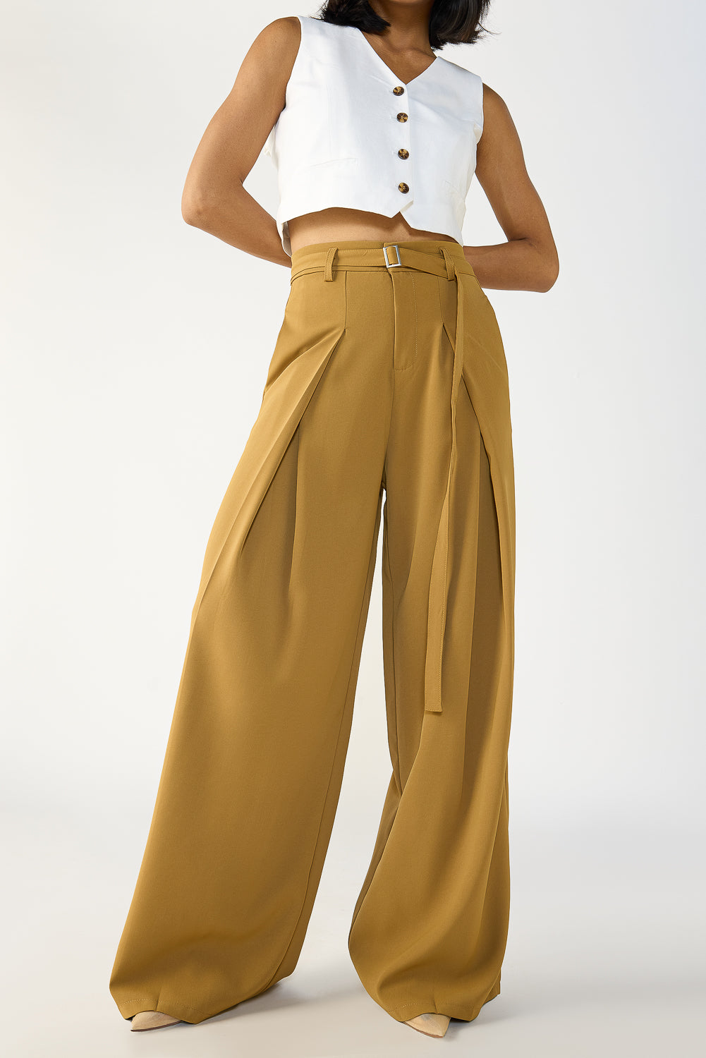 Clay Brown Belted Flared Korean Pants