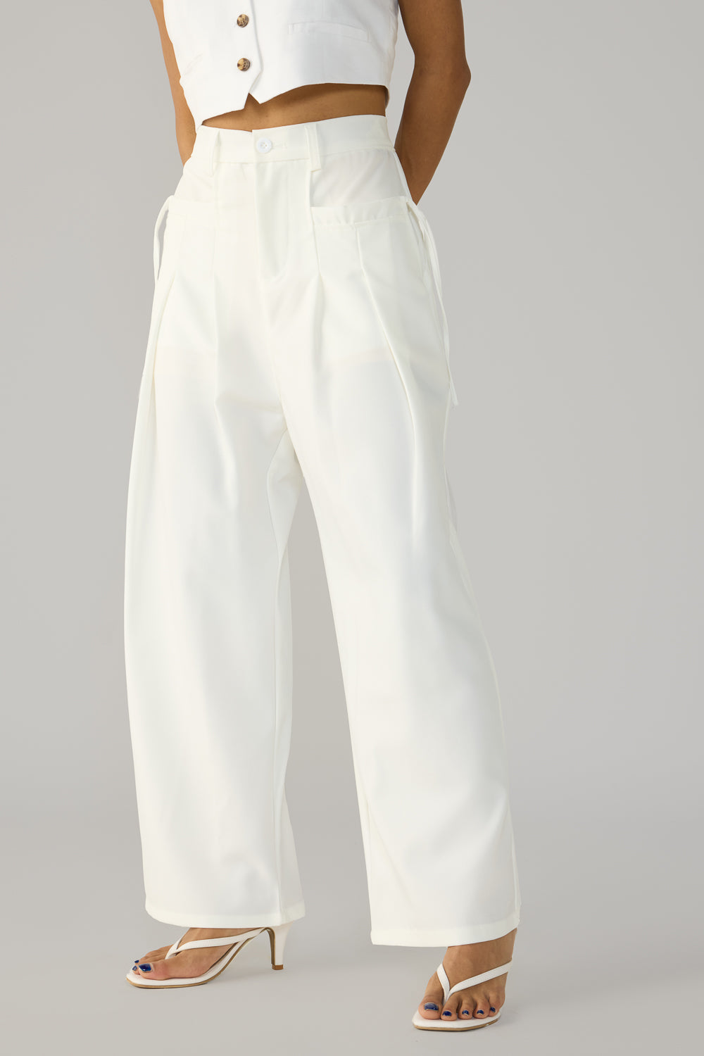 White Wide Fit-Flat Pocket Korean Pants