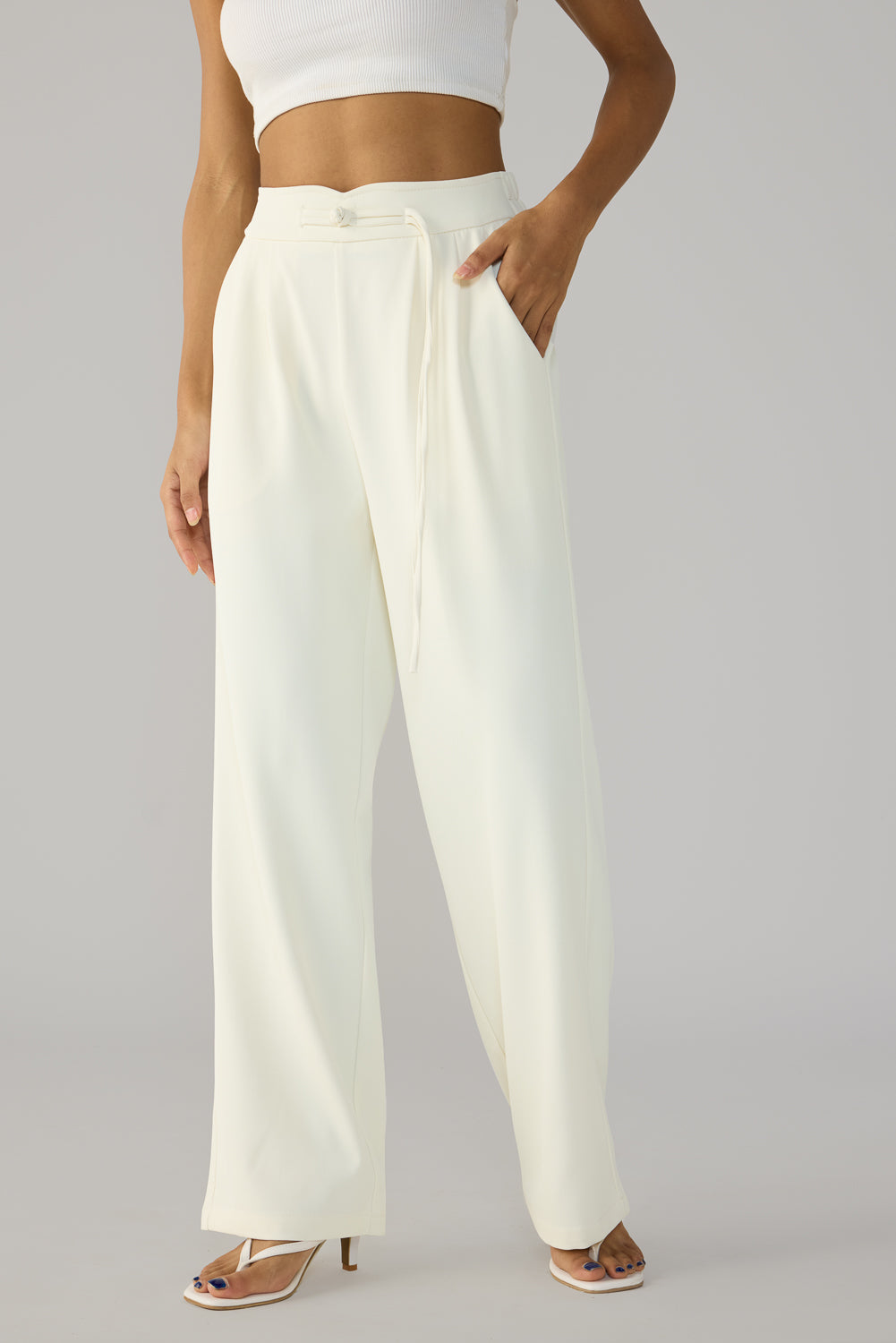 Egret White Knotted Waist Korean Pants