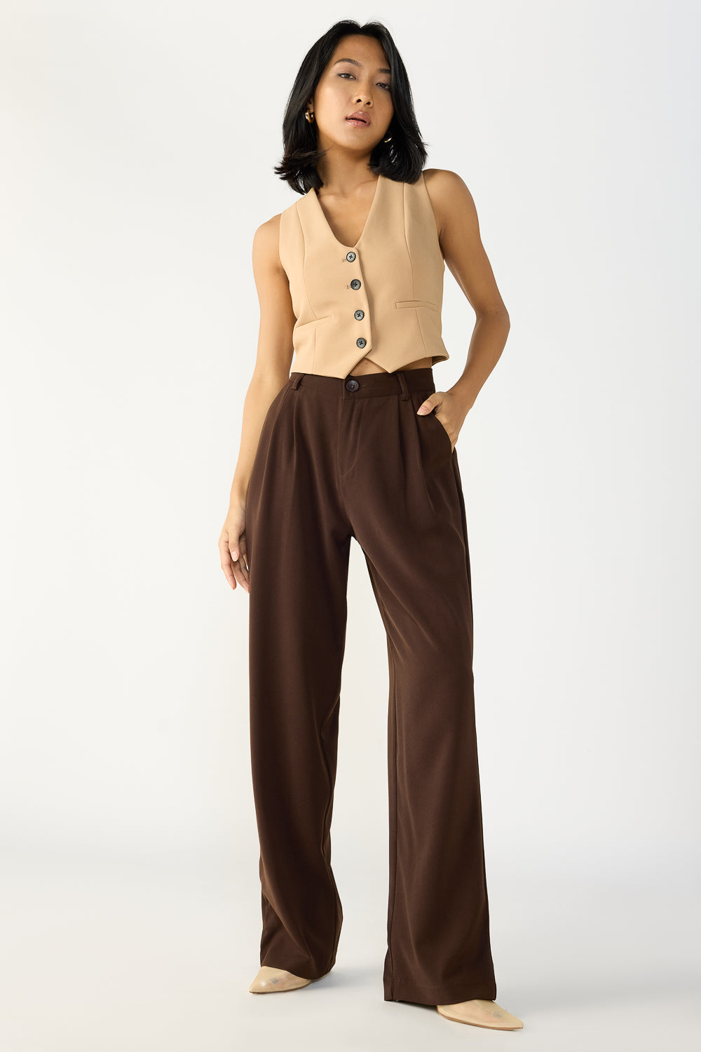 Dark Brown Double Pleated Korean Pants