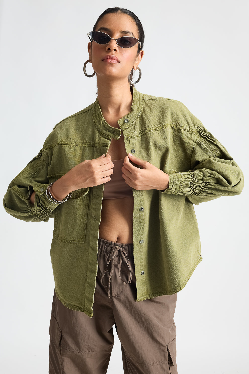 Olive Green Shacket With Pleats