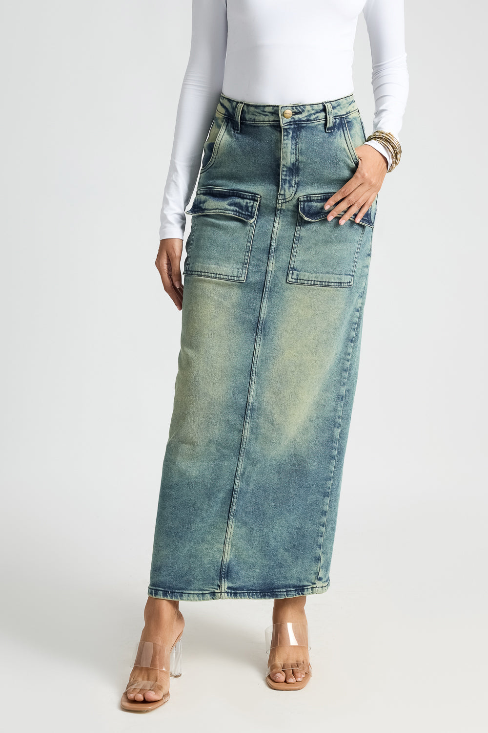 Blue Utility Pocket Denim Maxi Skirt