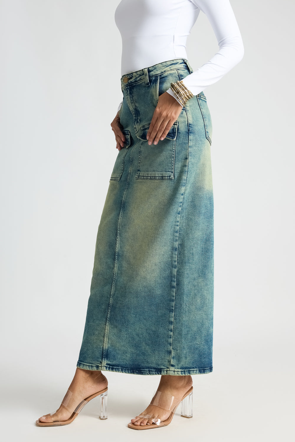 Blue Utility pocket Denim Midi Skirt