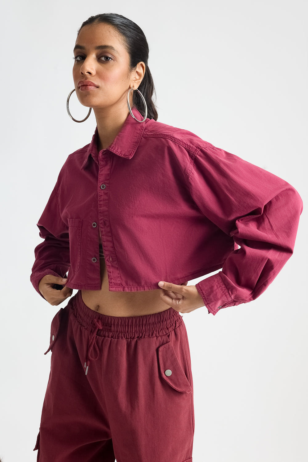 Wine Red Long Sleeve Crop Top