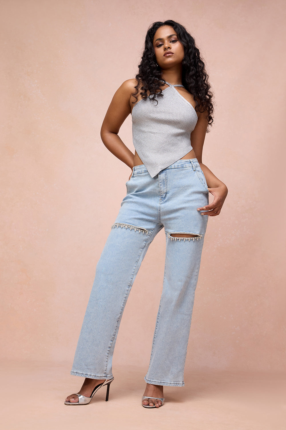 Aria Blue Rhinestone Cut-Out Jeans