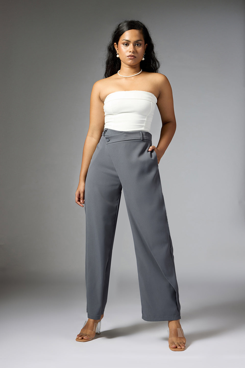 Frost Grey Wrap Front Korean Pants