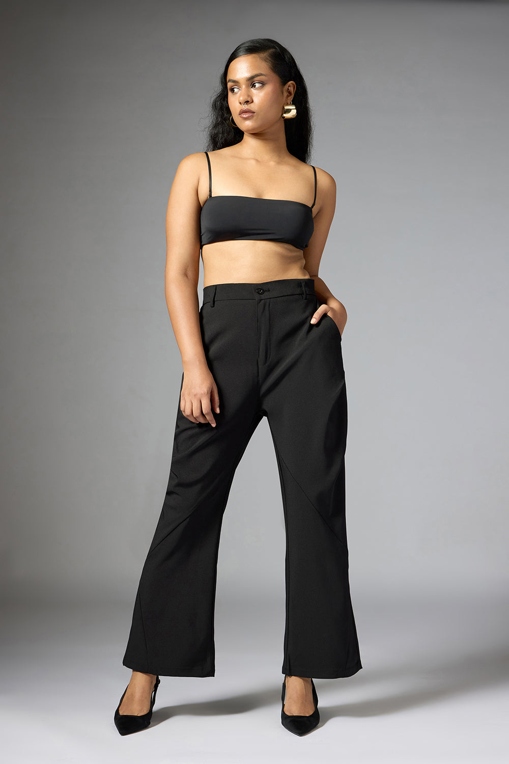 ★韓国人気★BLACKUP★NAPPING BOOT-CUT SKIRT PANTS Black Japanese Crepe Bootcut Pants by 431-88 By Shweta Kapur