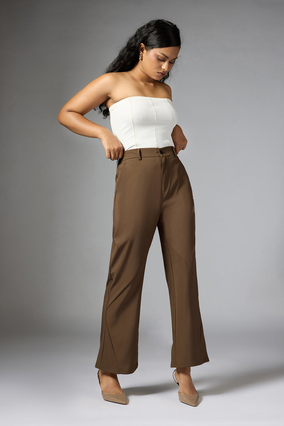 Taupe Panelled Bootcut Korean Pant