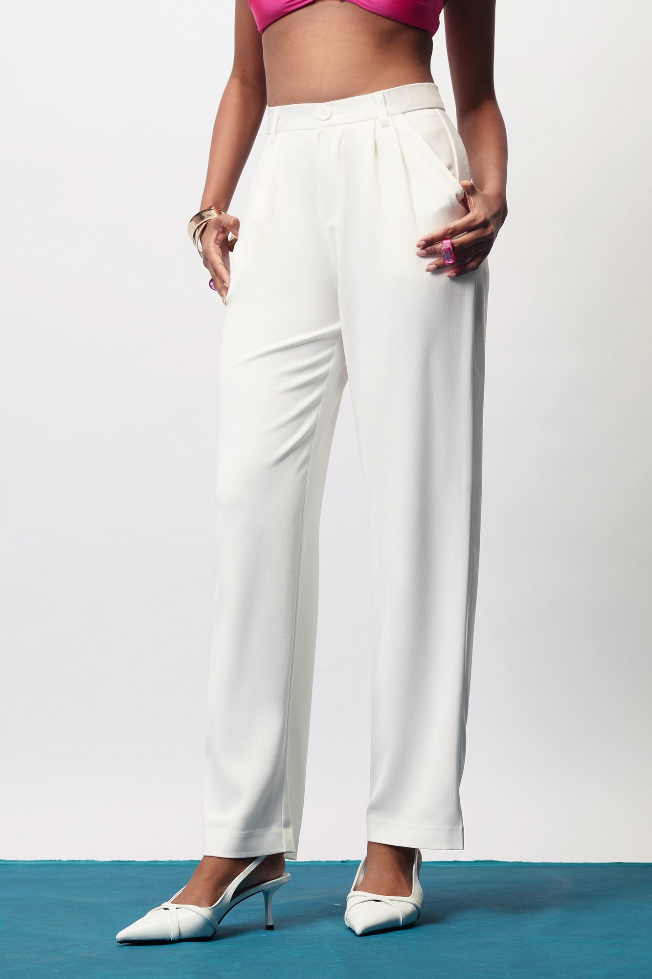 Vanilla White Double Pleated Women's Straight Korean Pants