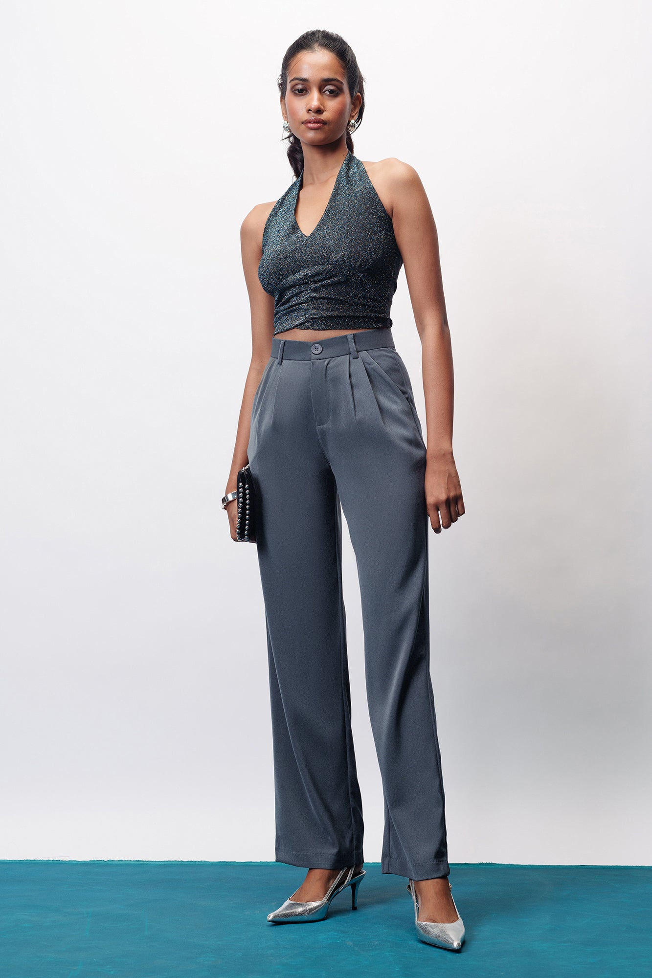 Star Grey Double Pleated Women's Wide Korean Pants