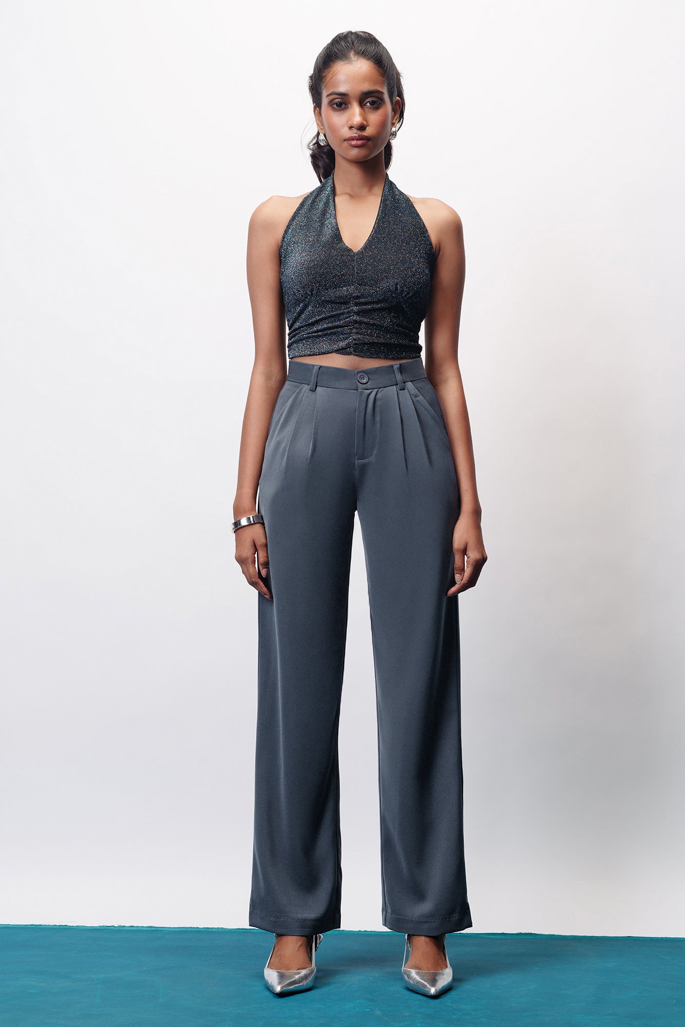 Star Grey Double Pleated Women's Wide Korean Pants