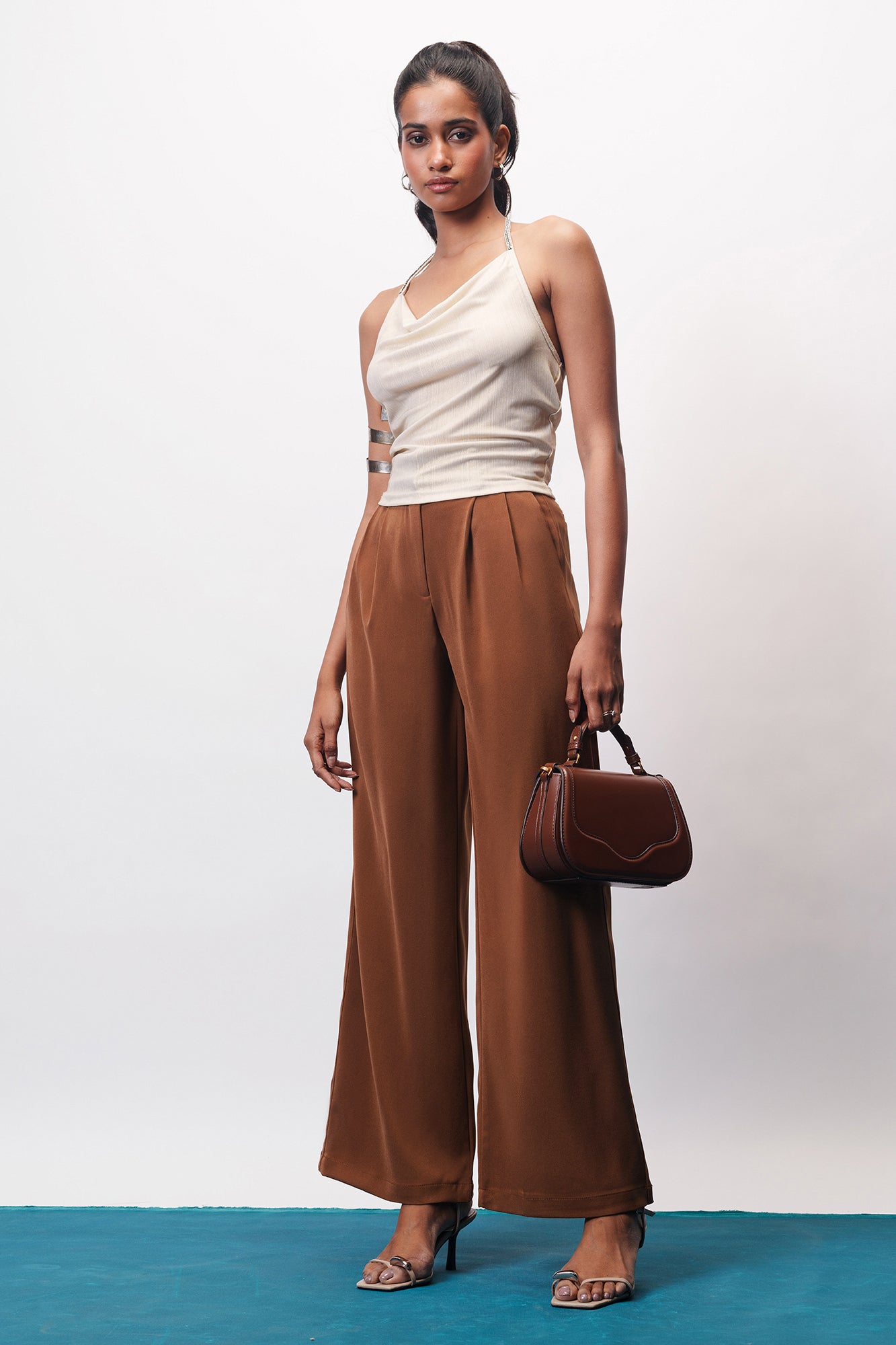 Toffee Brown Adjustable Pleated Women's Straight Korean Pants