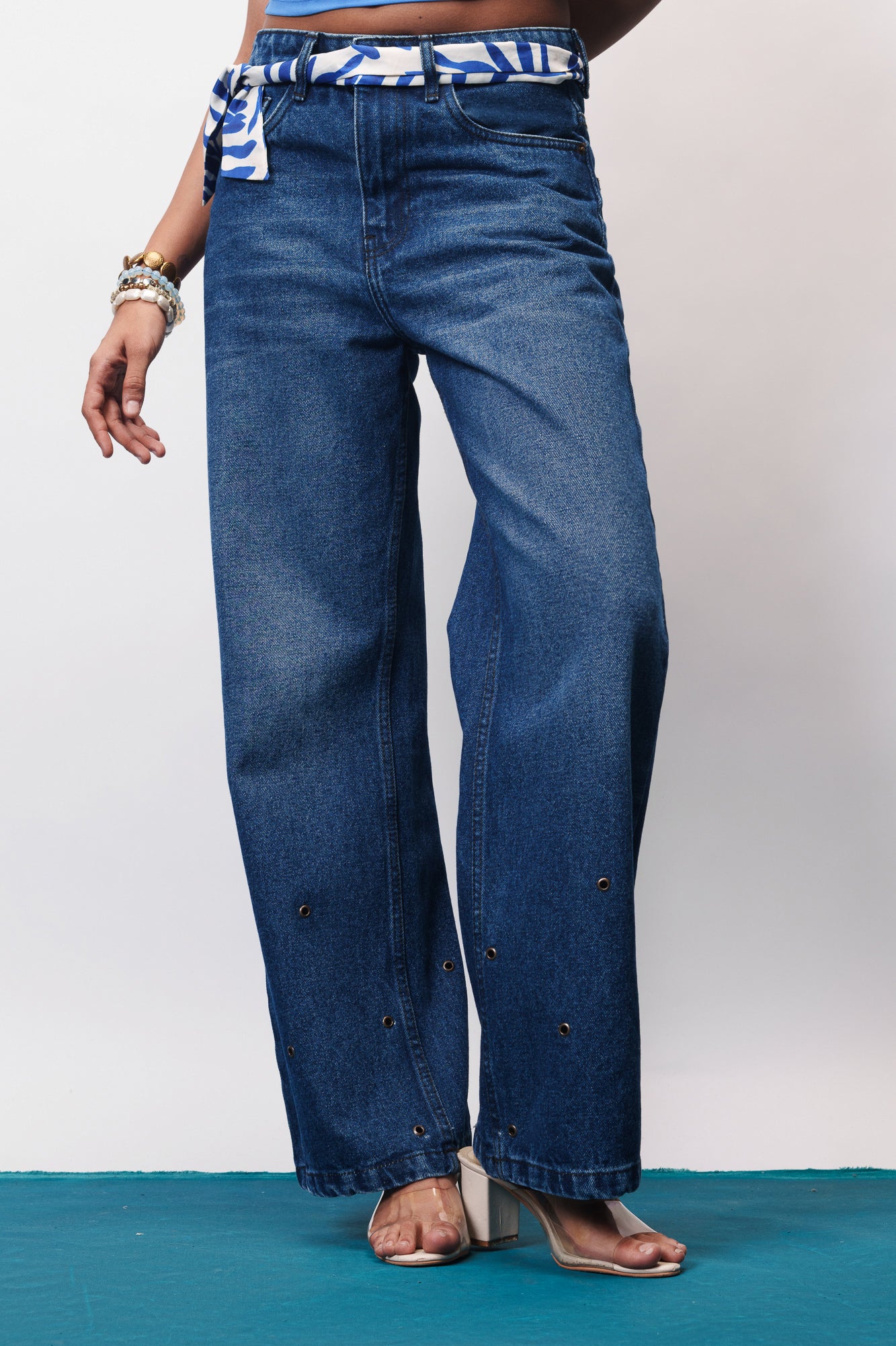 Eyelet Embellished Wide Jeans