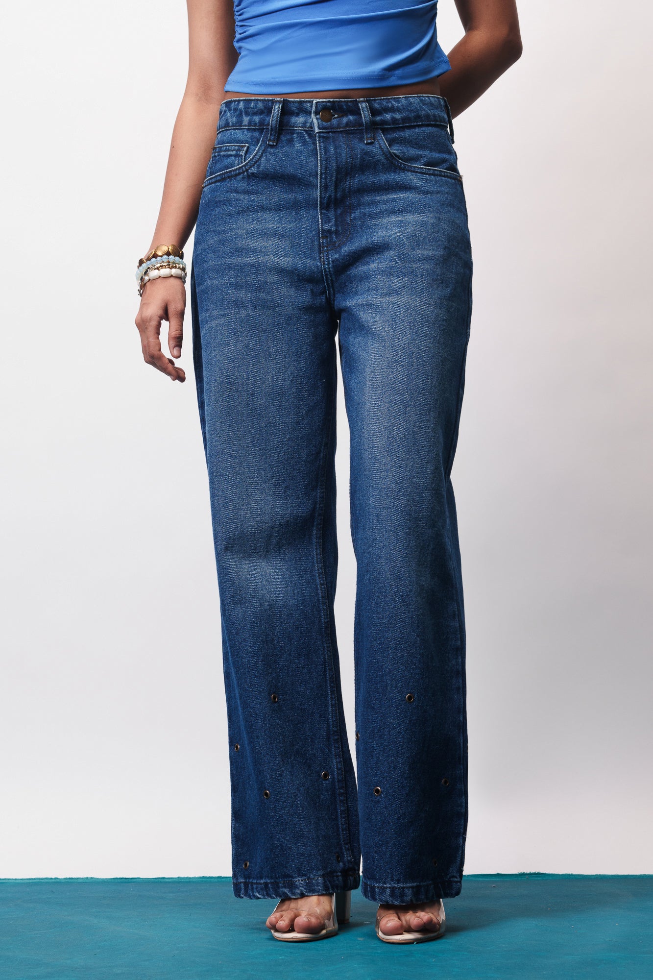 Eyelet Embellished Wide Jeans