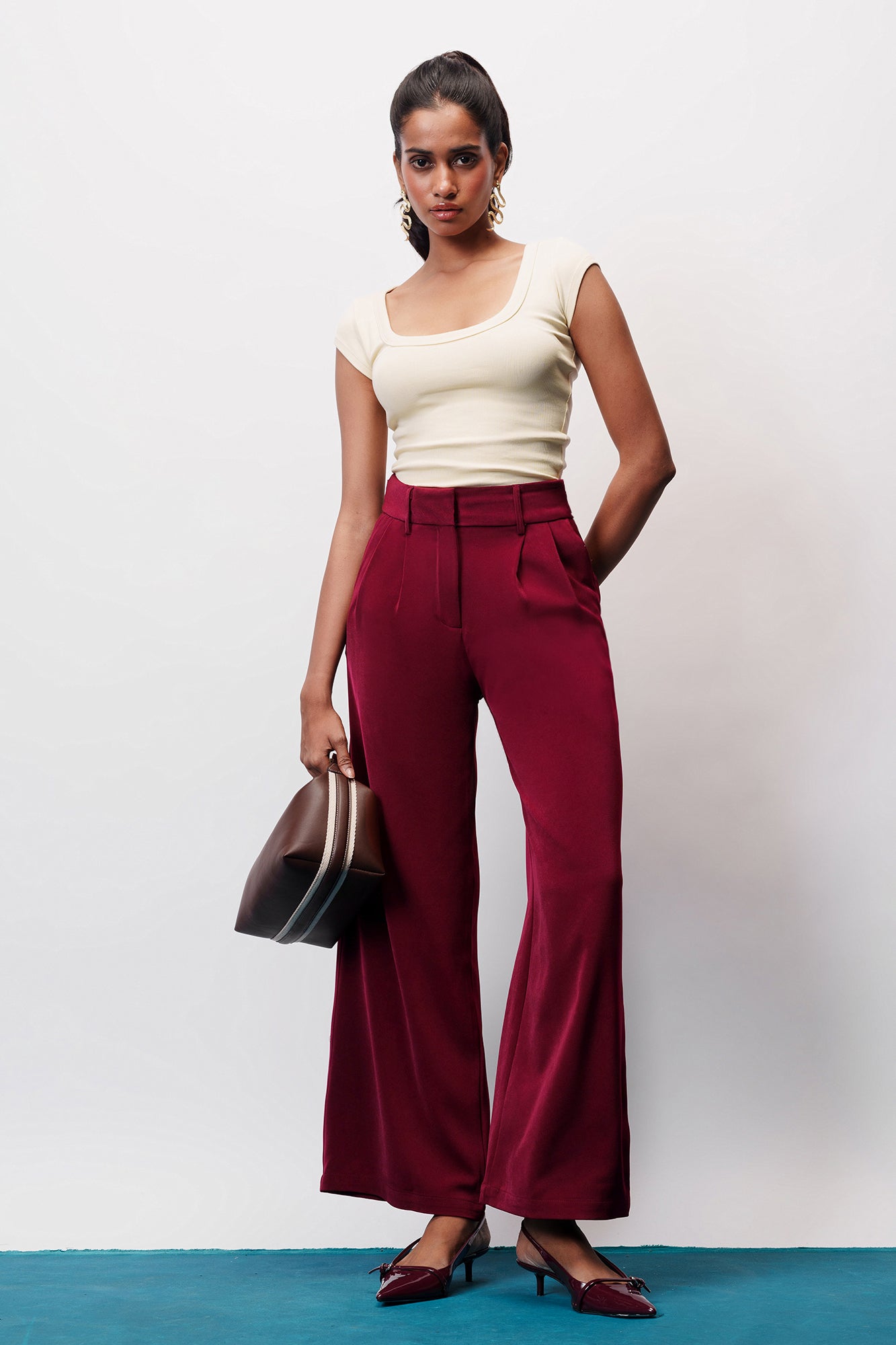Poppy Red Adjustable Women's Flare Korean Pants