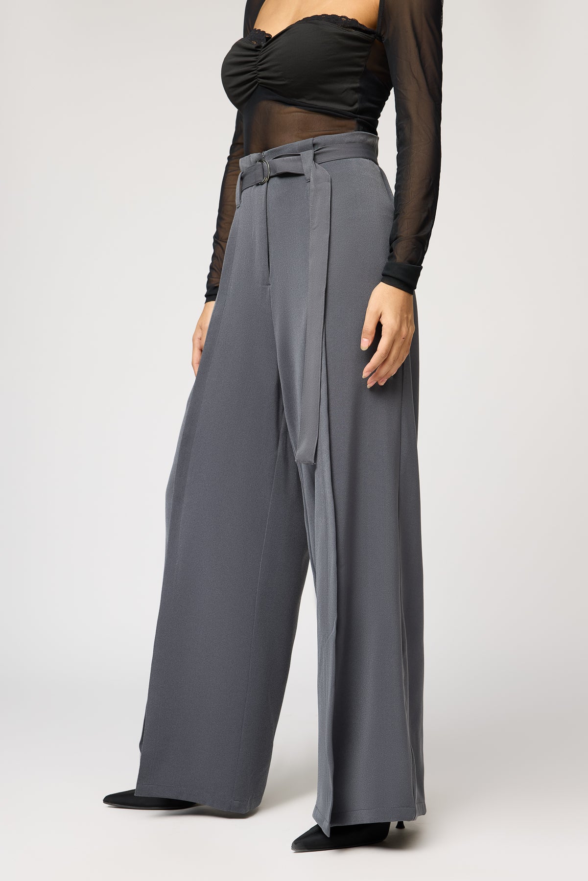 Silken Grey Belted Flared Korean Pants