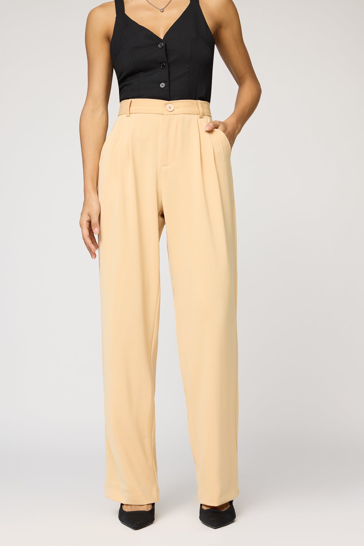 Warm Beige Pleated Straight Korean Pants