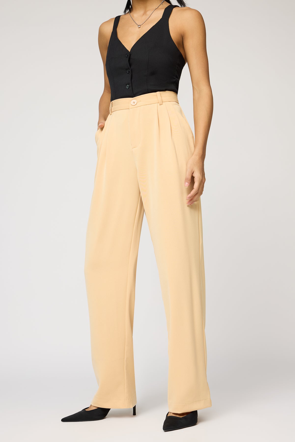 Warm Beige Pleated Straight Korean Pants