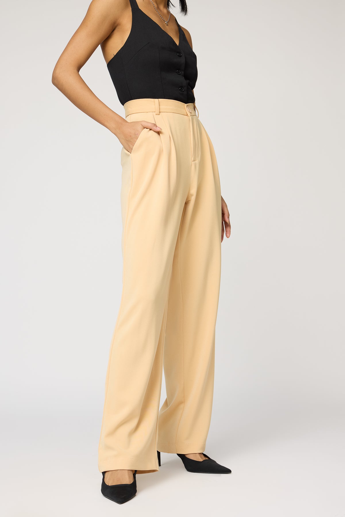 Warm Beige Pleated Straight Korean Pants