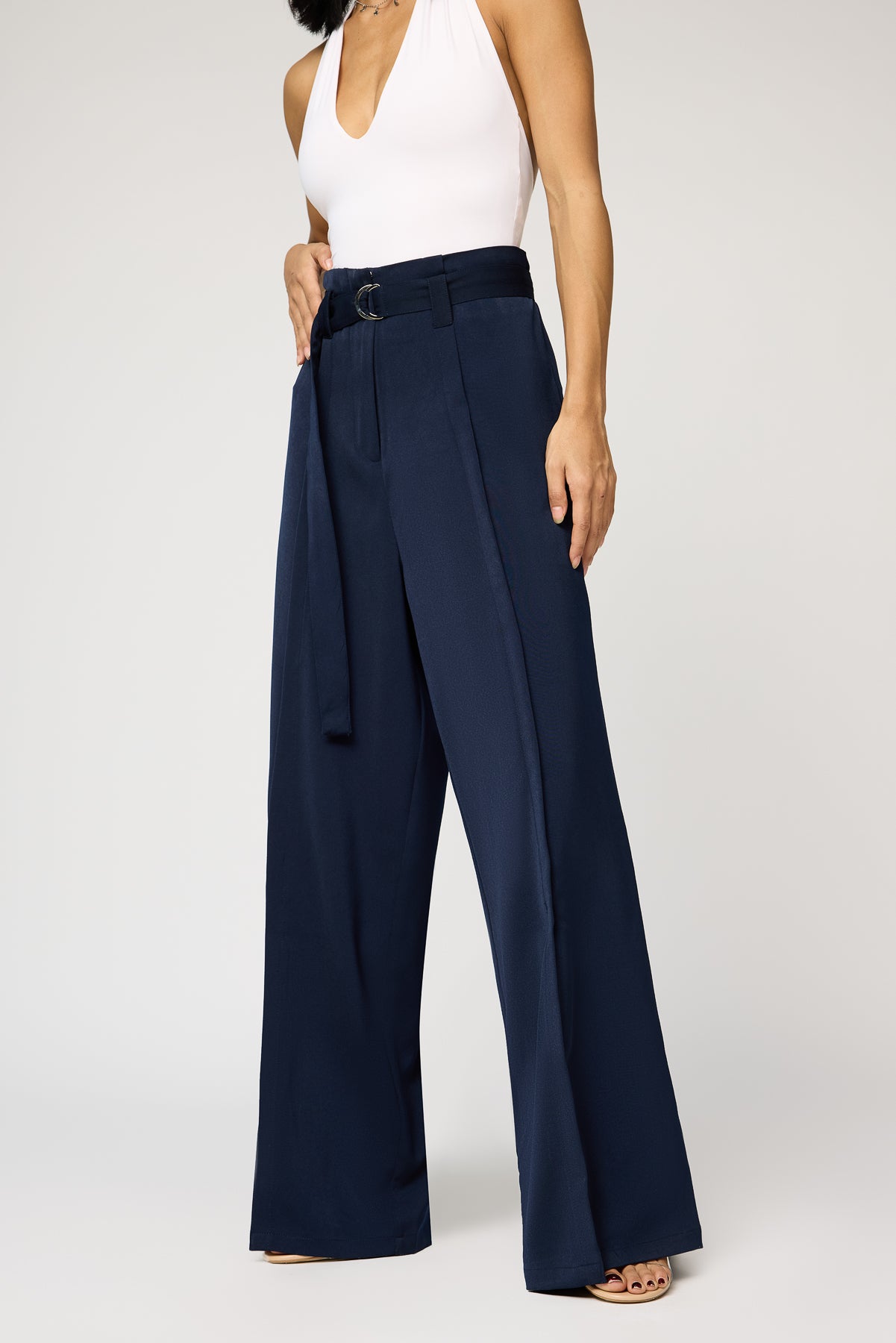 Celestial Navy Belted Flared Korean Pants