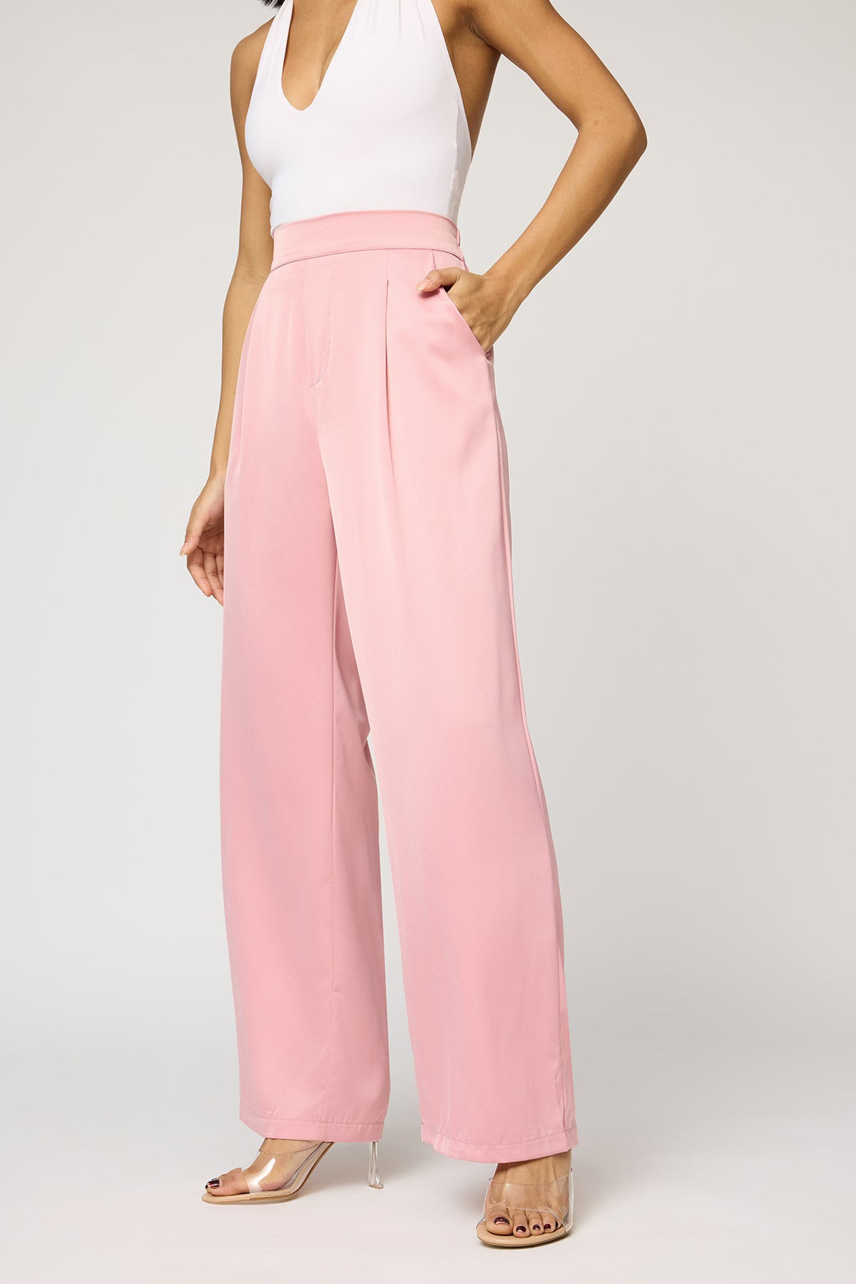 Pale Pink Satin Straight Korean Pants