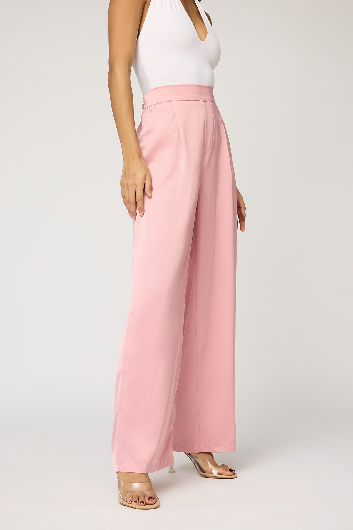 Pale Pink Satin Straight Korean Pants