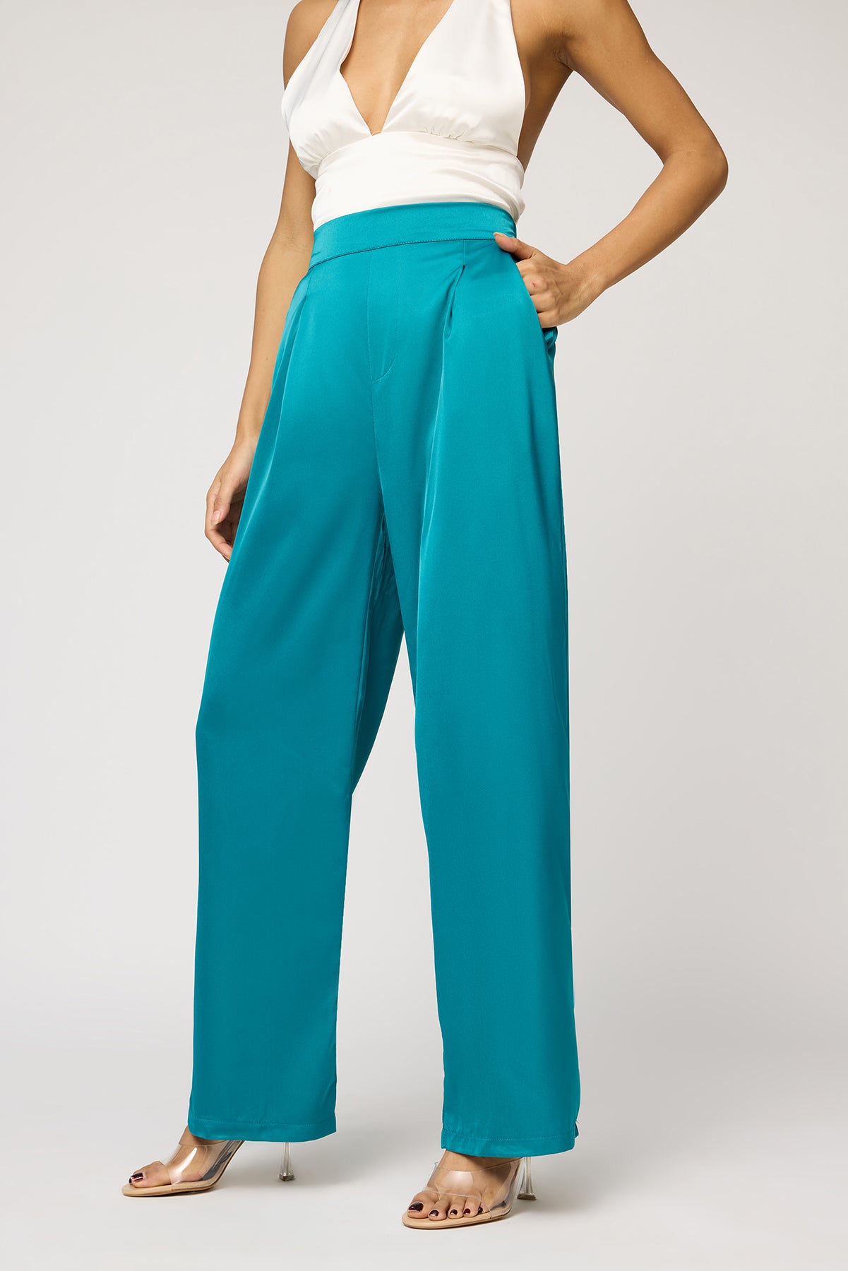 Jade Green Satin Straight Korean Pants