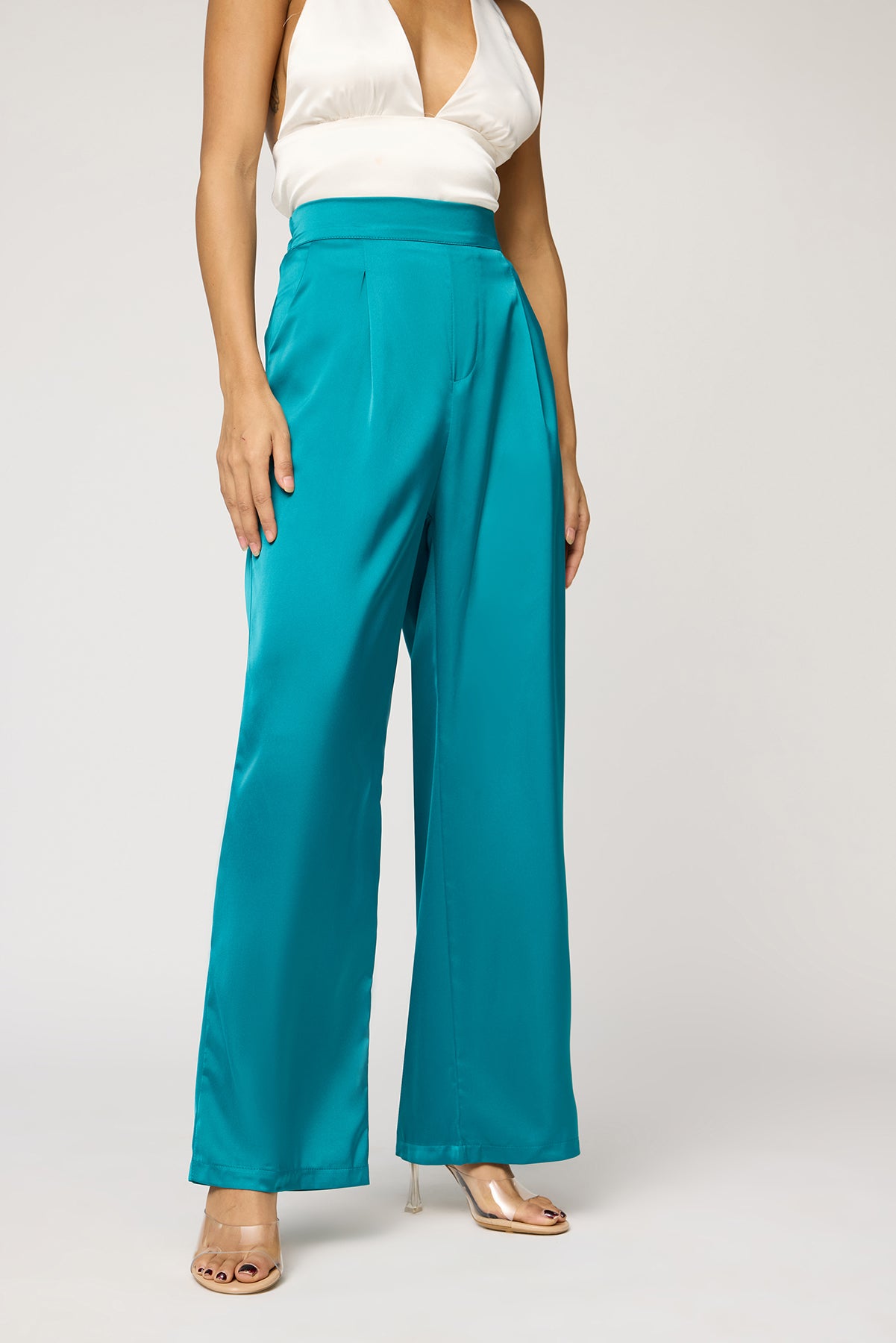 Jade Green Satin Straight Korean Pants