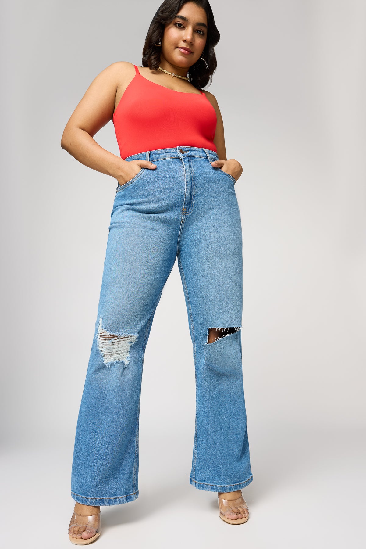 Knockout Knee Distressed Curve Wide Leg Jeans