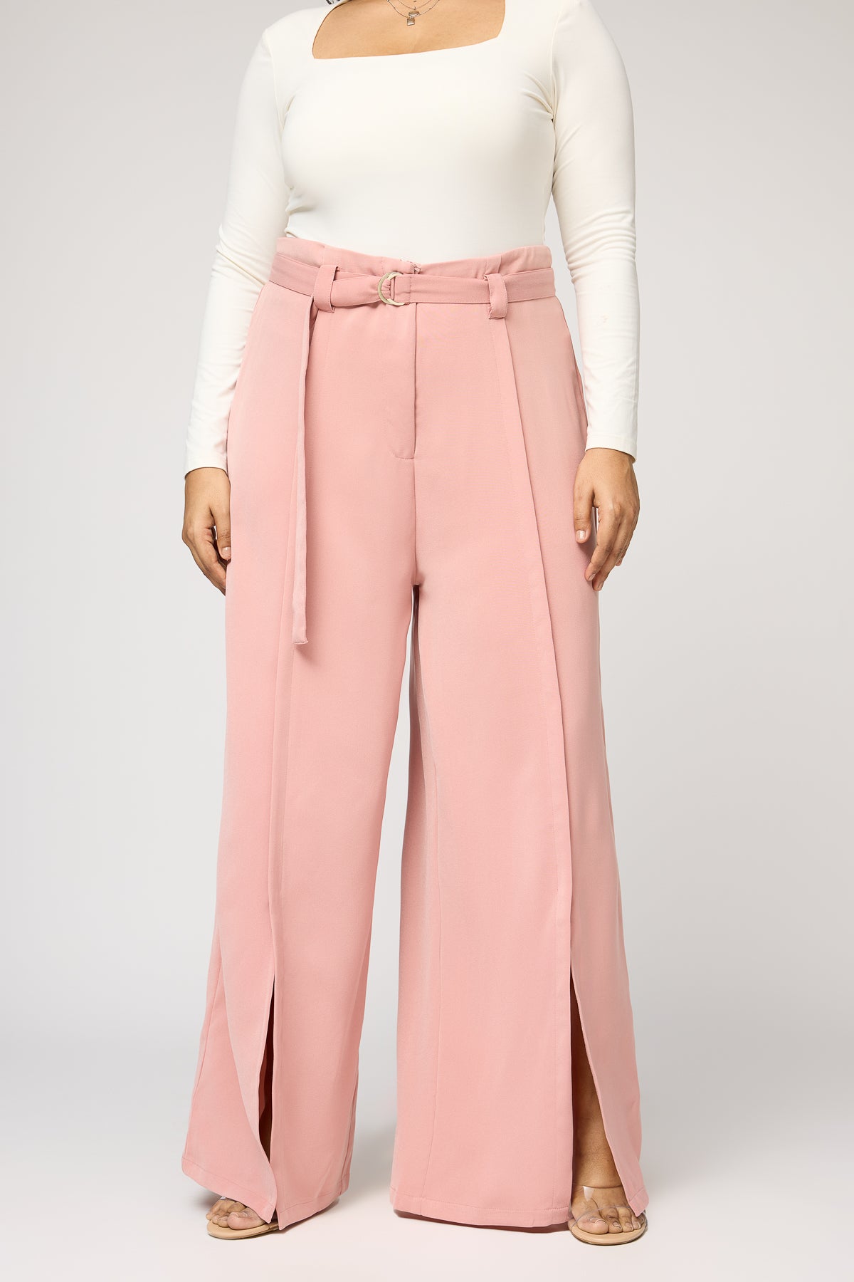 Sweet Peony Curve Belted Flared Korean Pants