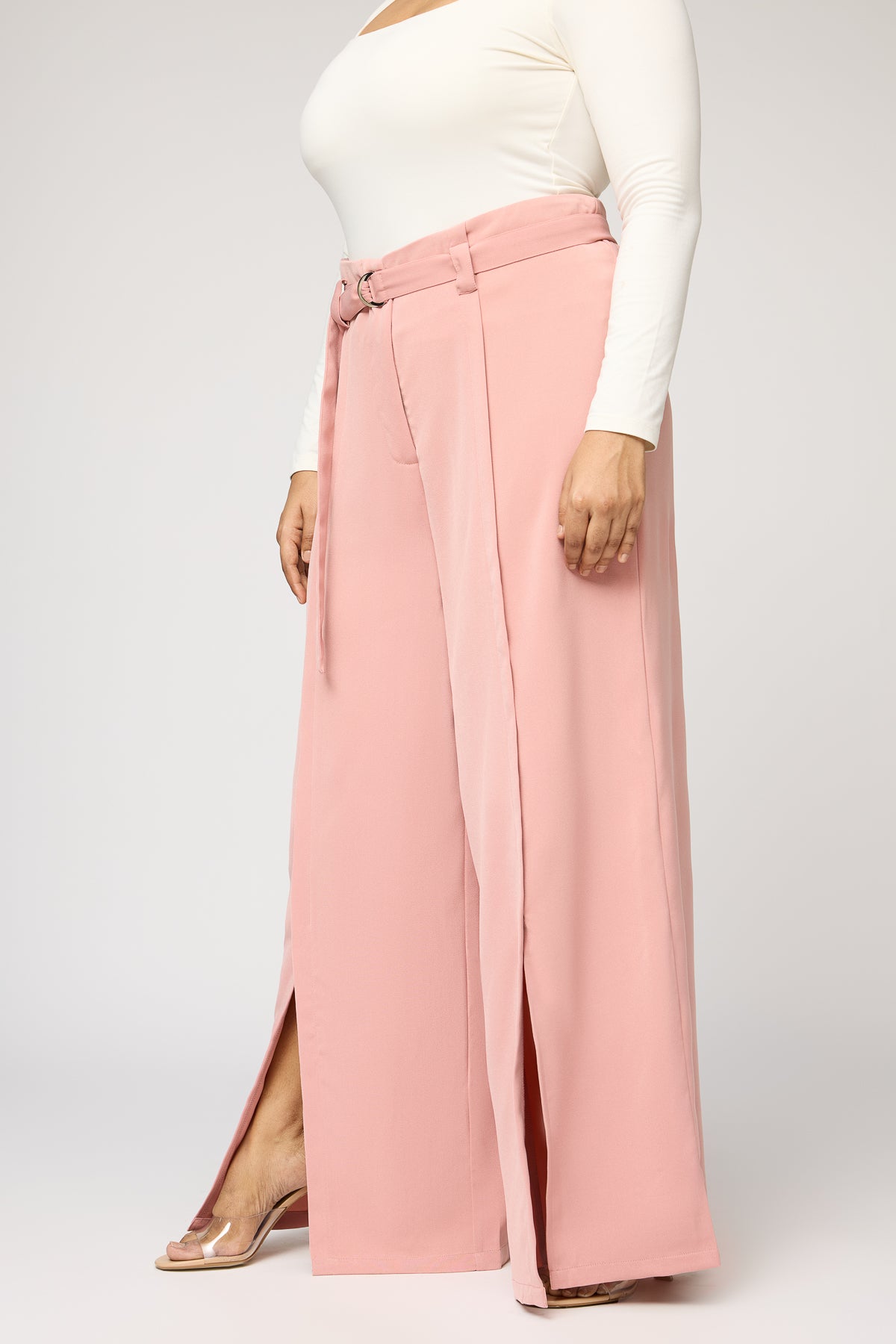 Sweet Peony Curve Belted Flared Korean Pants