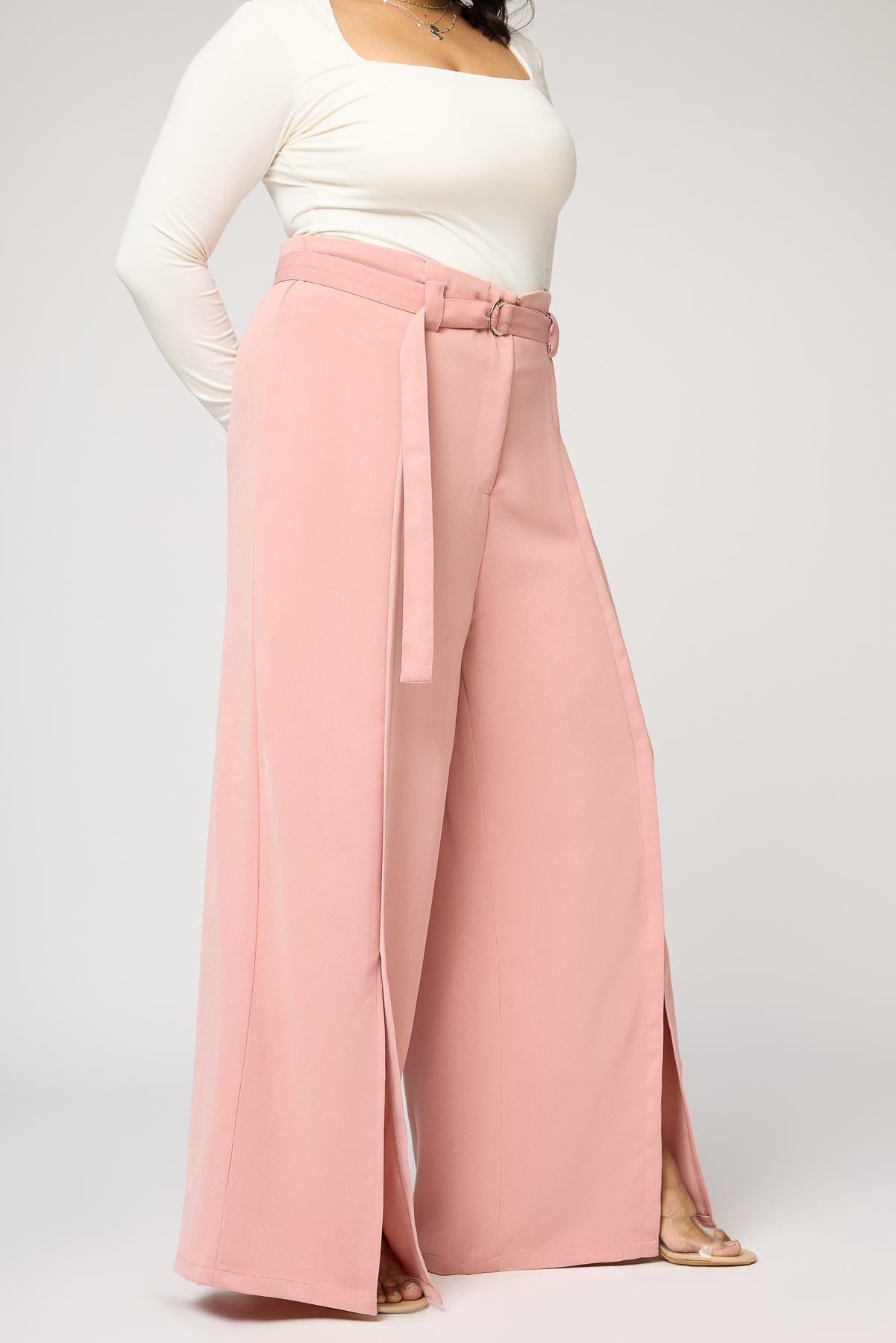 Sweet Peony Curve Belted Flared Korean Pants