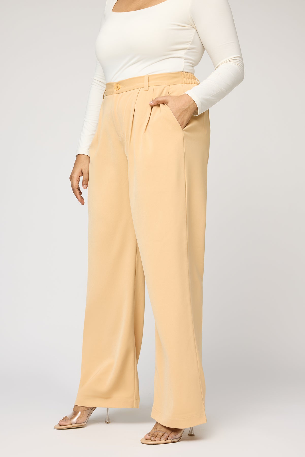 Nude Beige Curve Pleated Straight Korean Pants