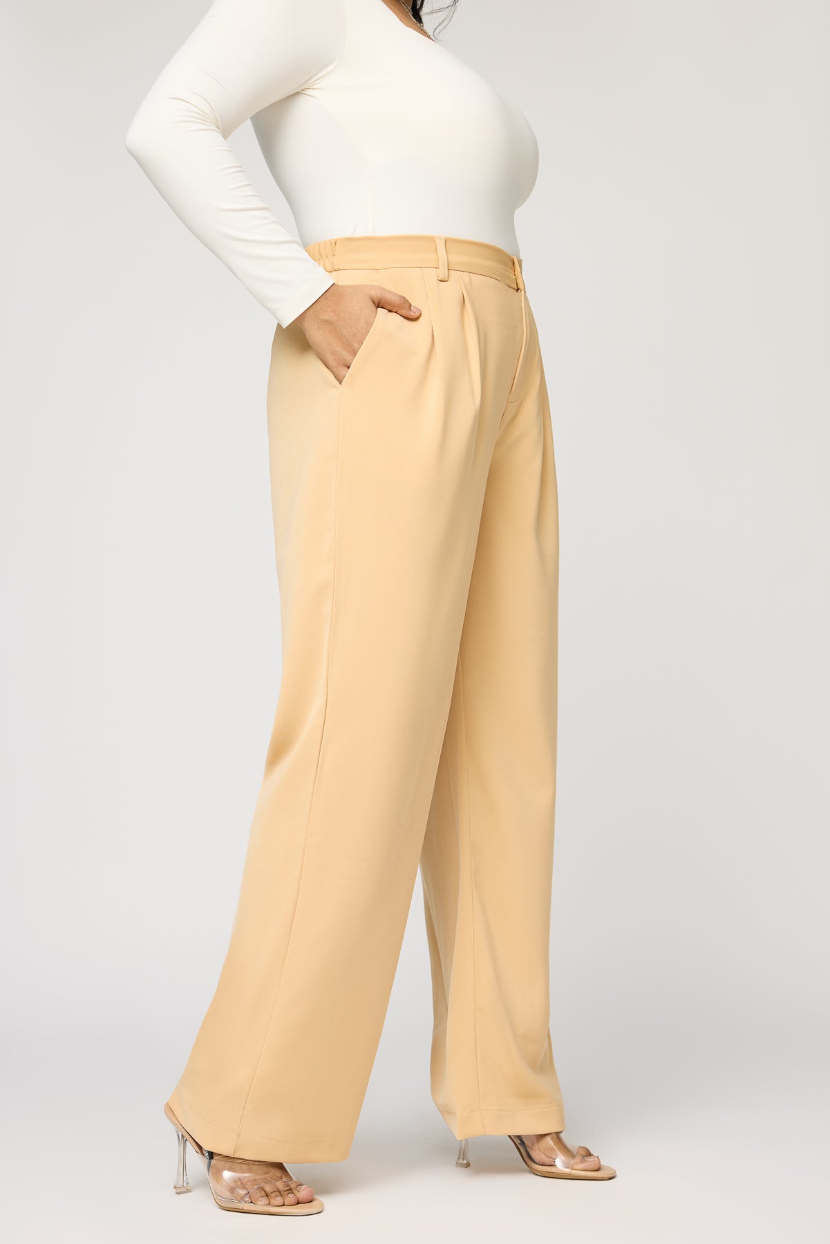 Nude Beige Curve Pleated Straight Korean Pants