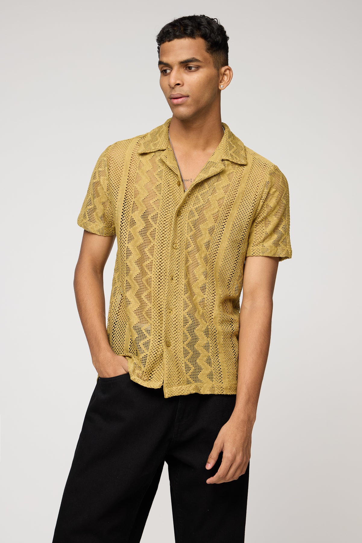 Textured Khaki Men's Crochet Shirt