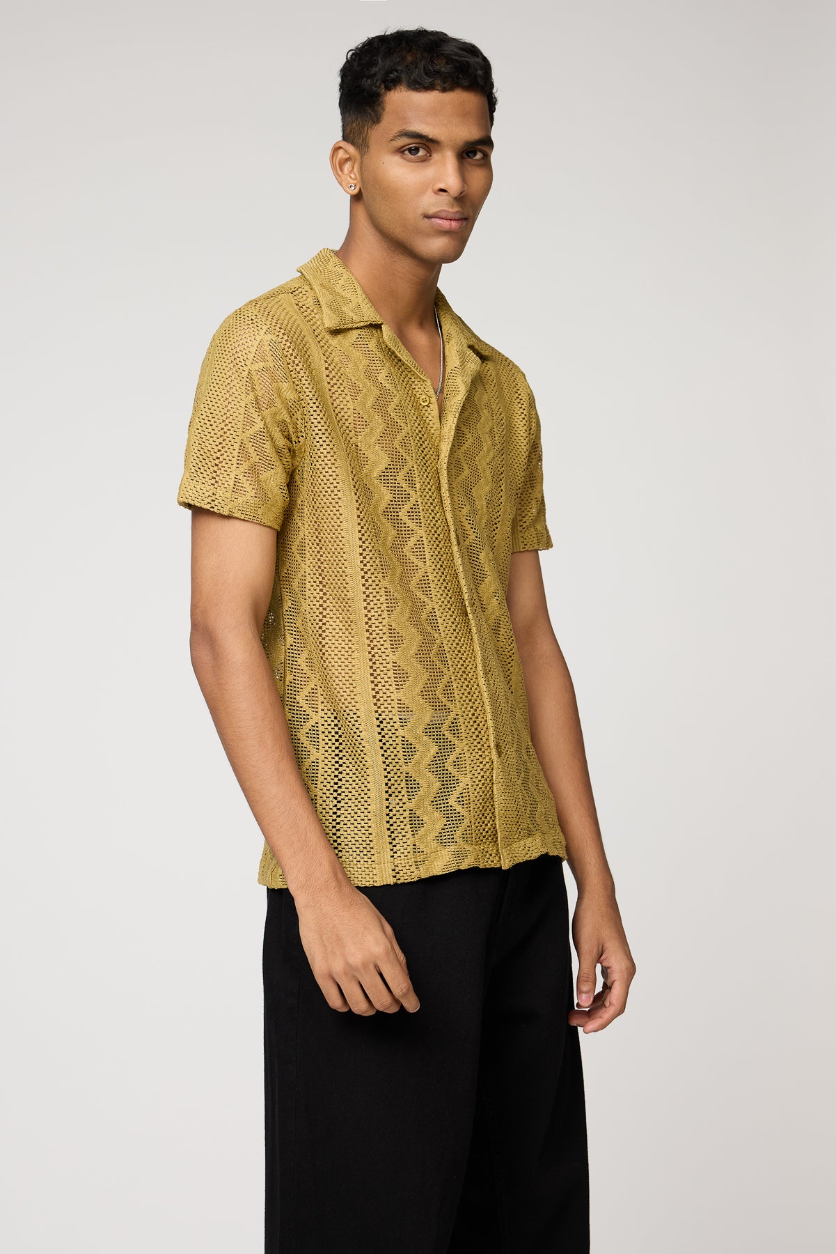 Textured Khaki Men's Crochet Shirt