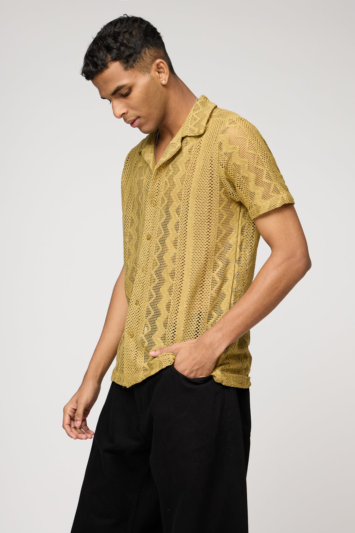 Textured Khaki Men's Crochet Shirt