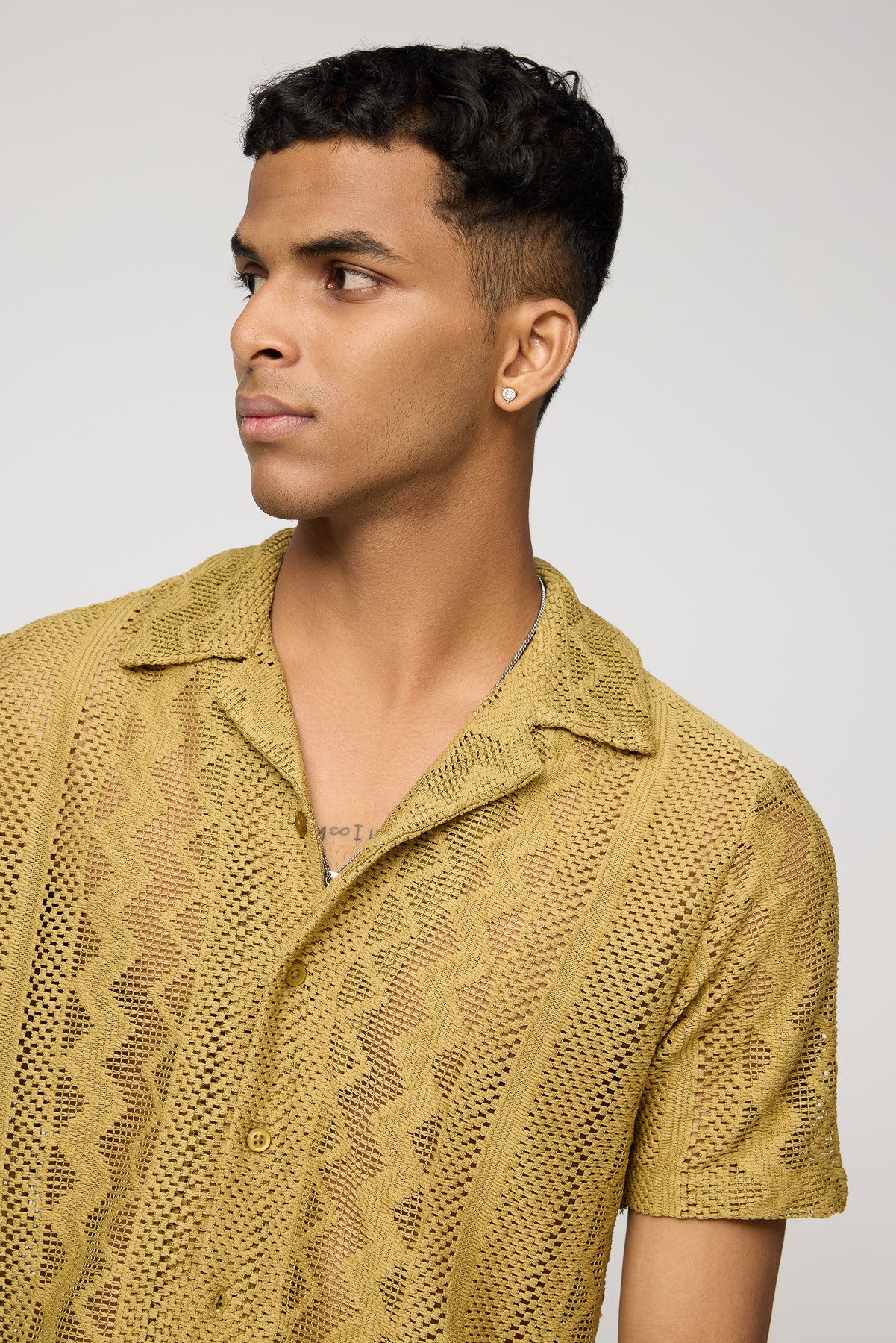 Textured Khaki Men's Crochet Shirt