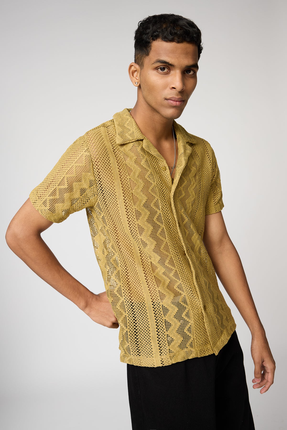 Textured Khaki Men's Crochet Shirt