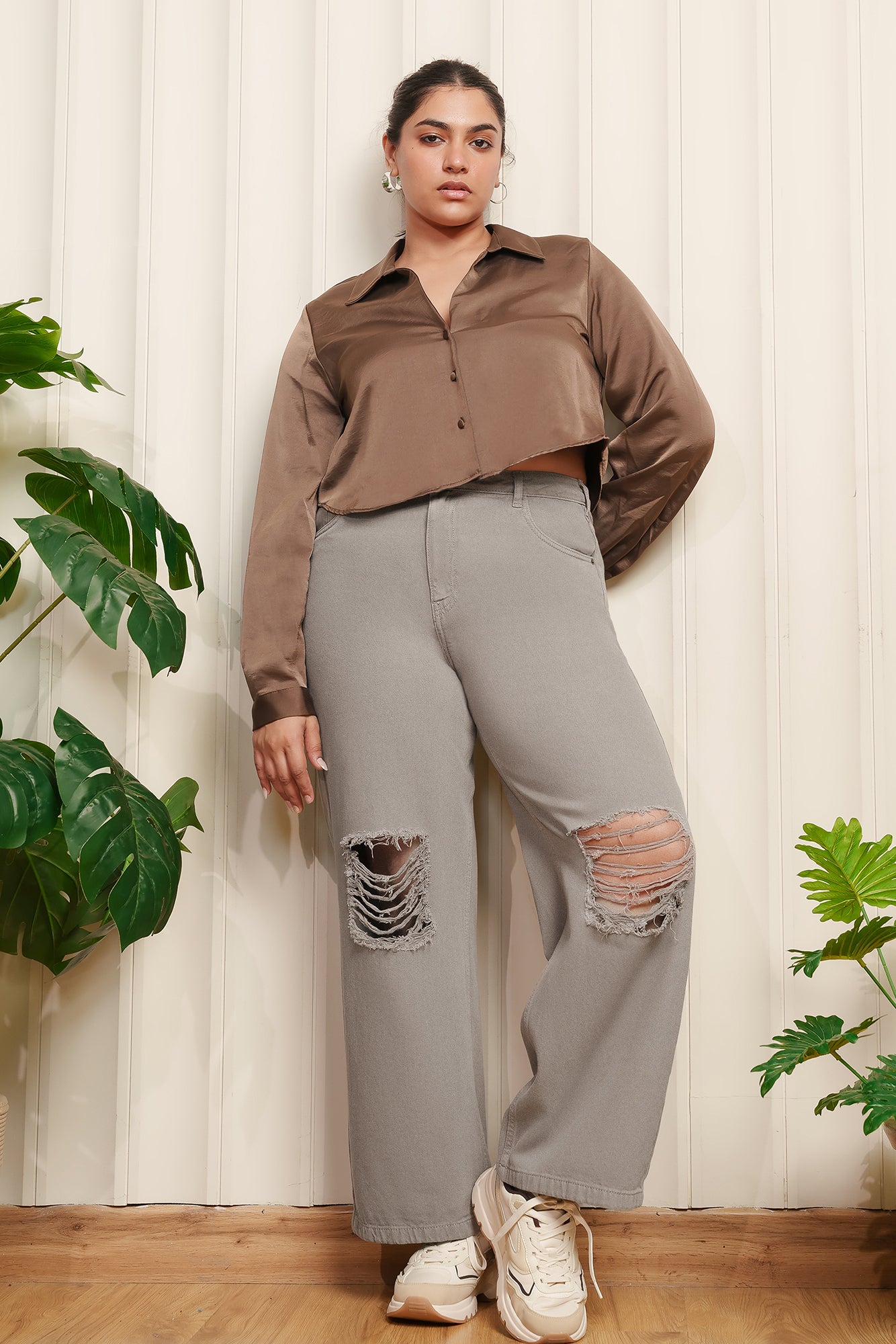 Curve Ash Grey Distress Wide Leg Jeans