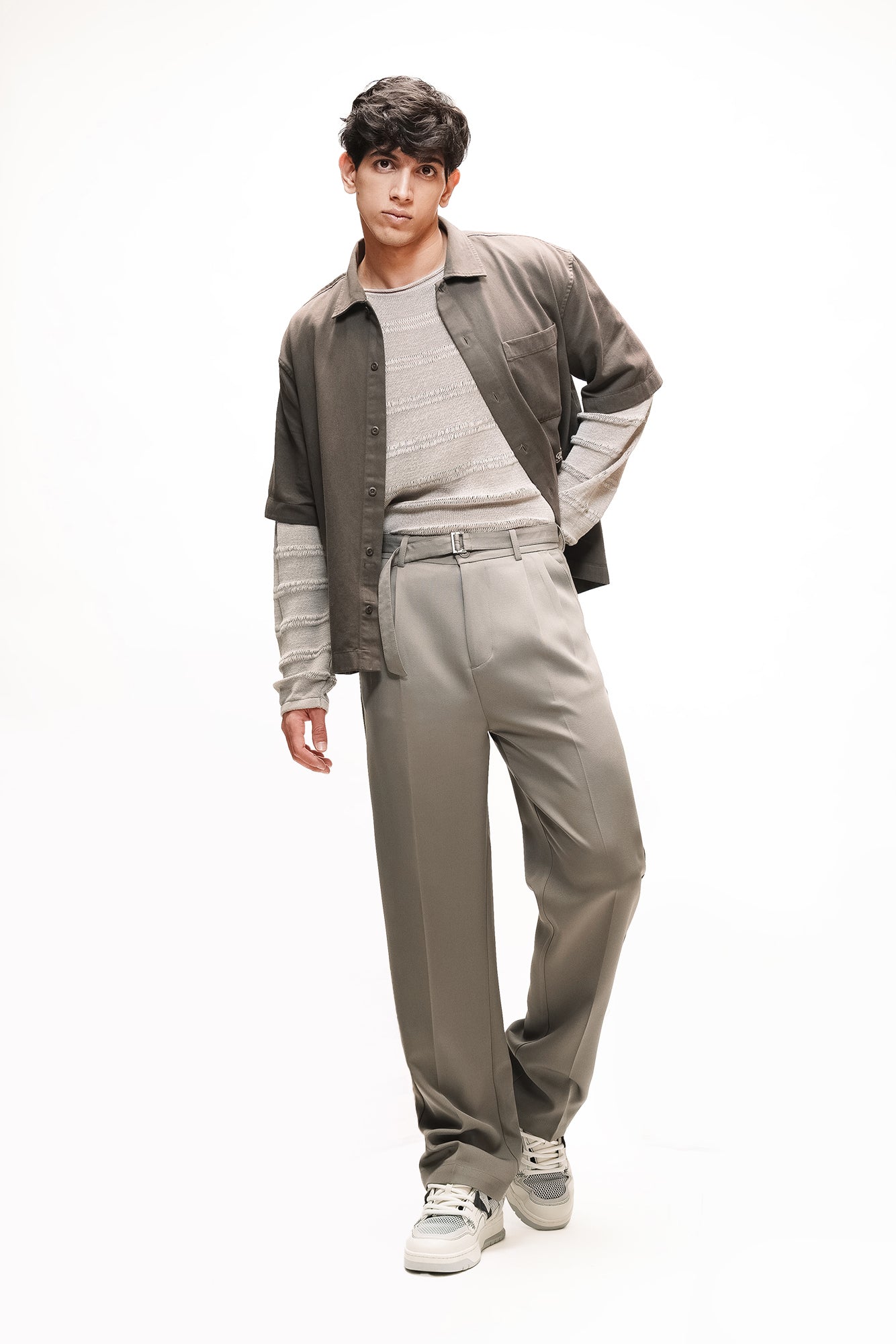 Greige Belted Men's Straight Korean Pants