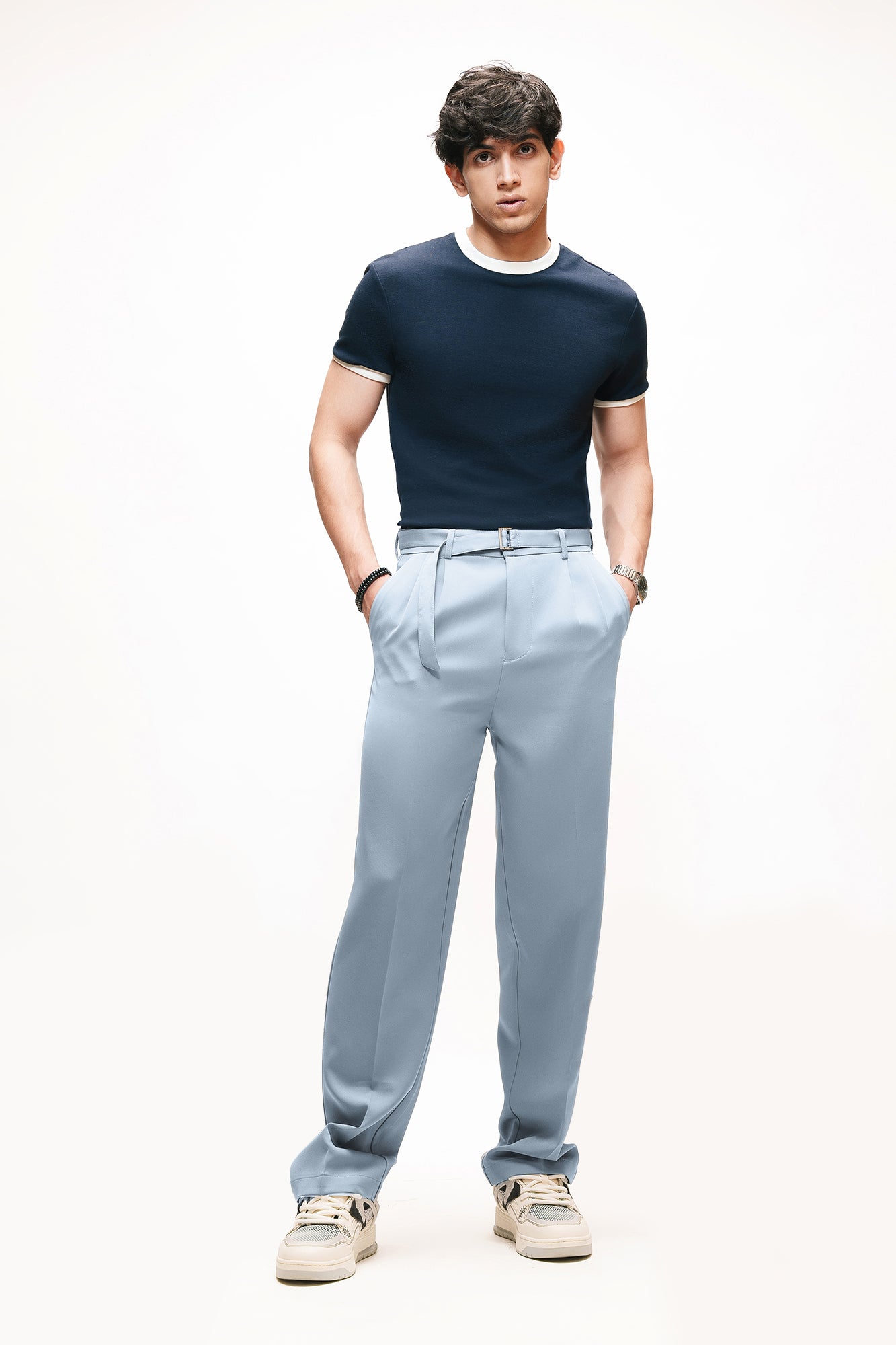 Steel Grey Belted Men's Straight Korean Pants