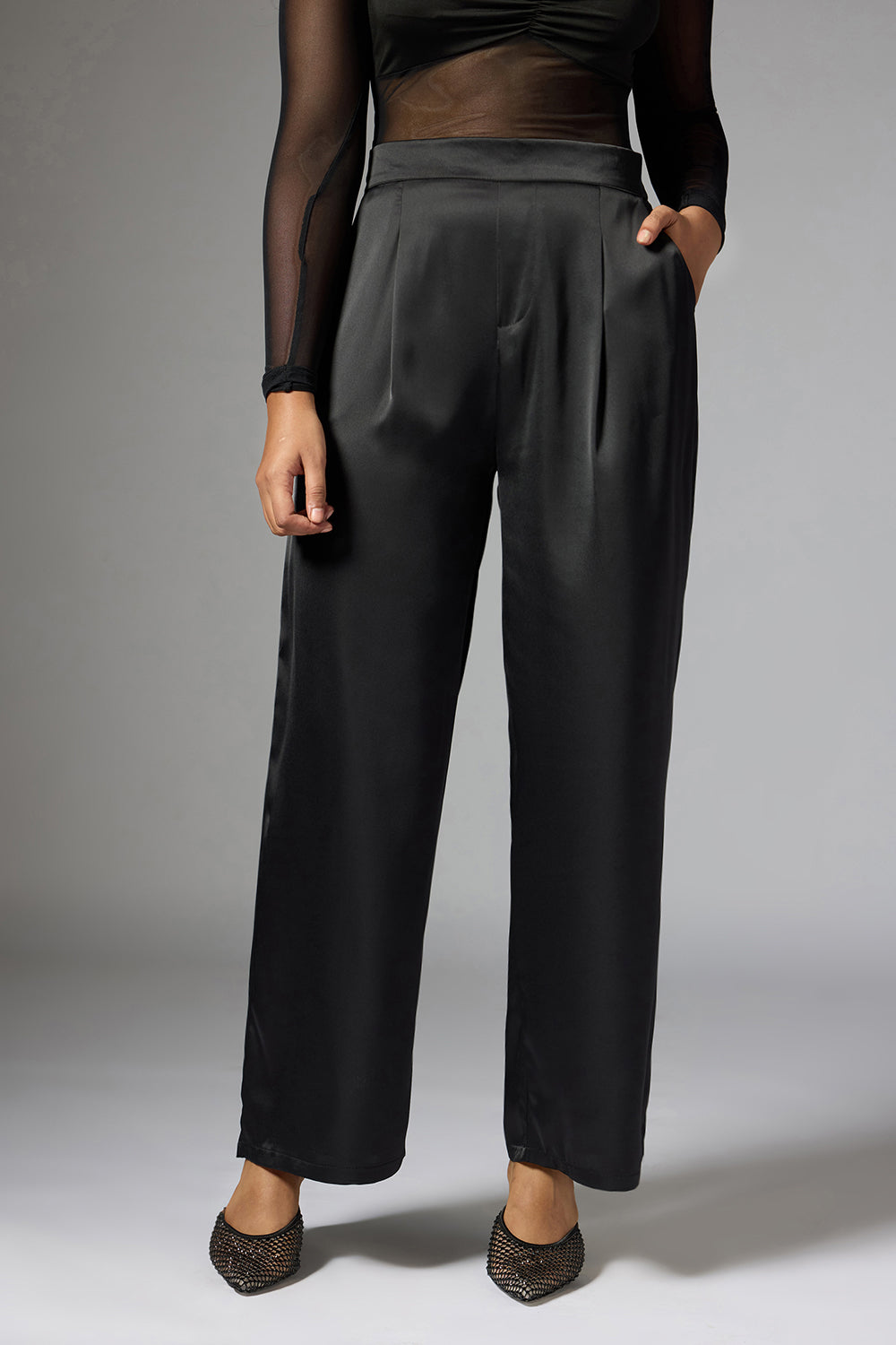 Shadow Black Satin Straight Korean Pants