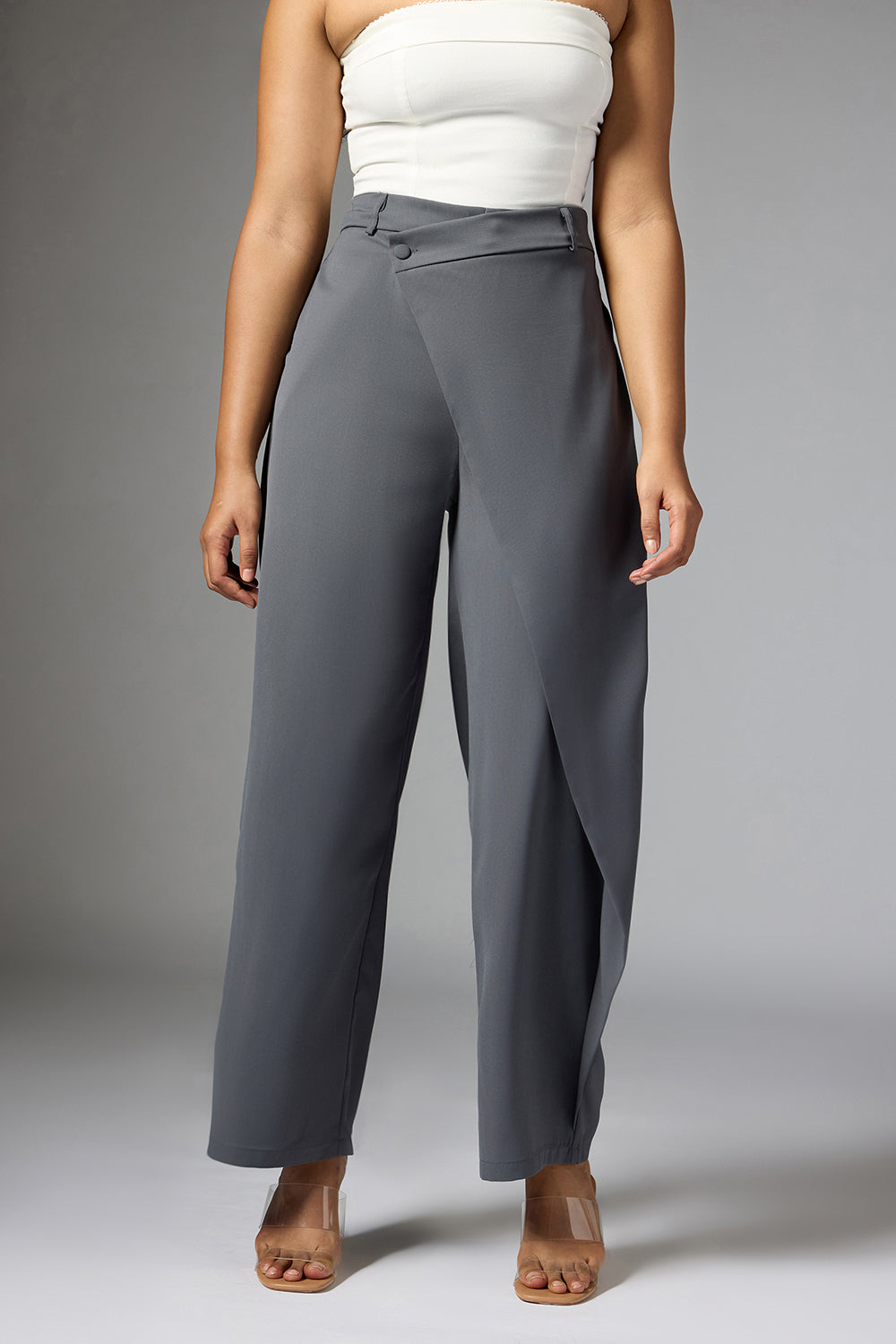 Frost Grey Wrap Front Korean Pants