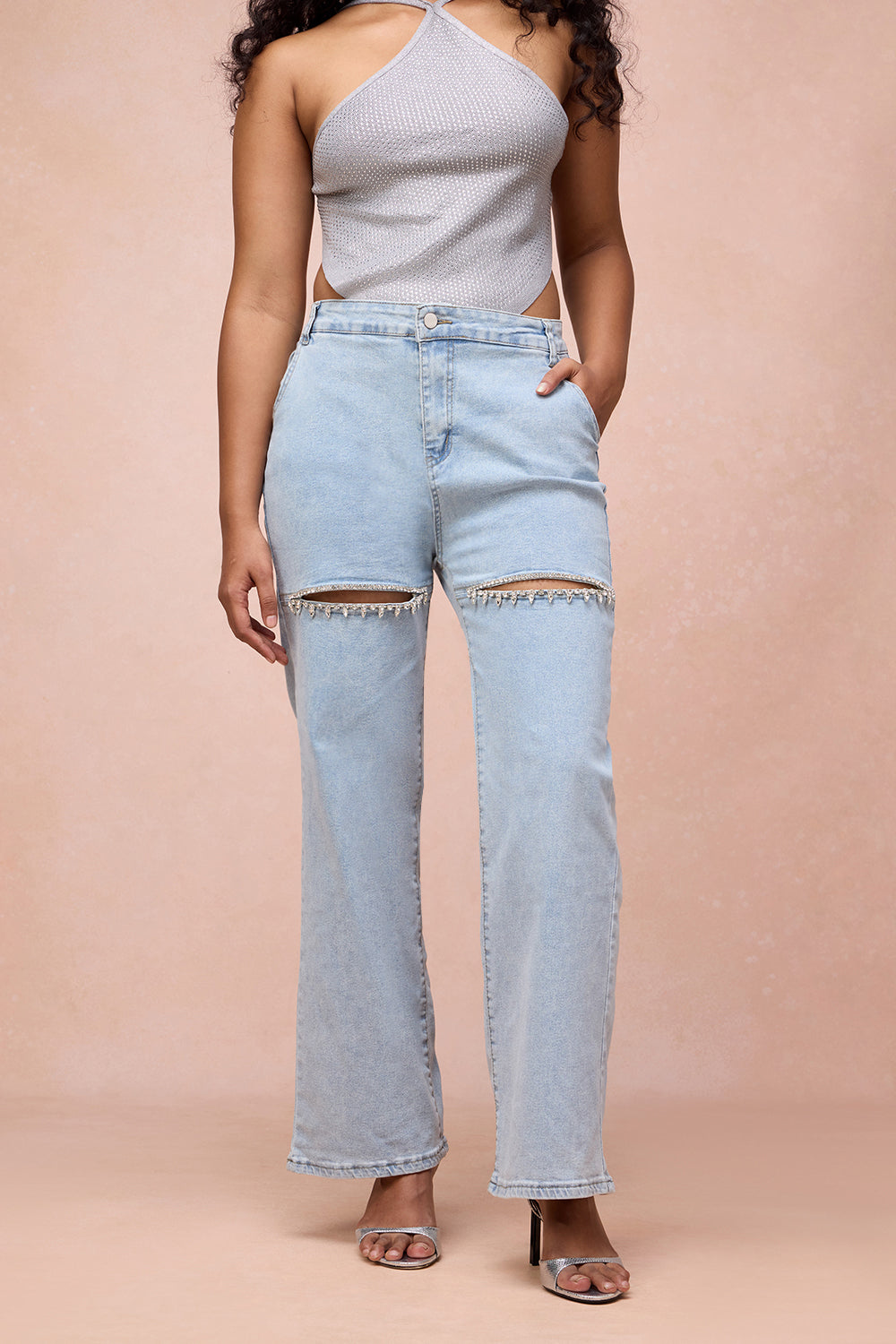 Aria Blue Rhinestone Cut-Out Jeans