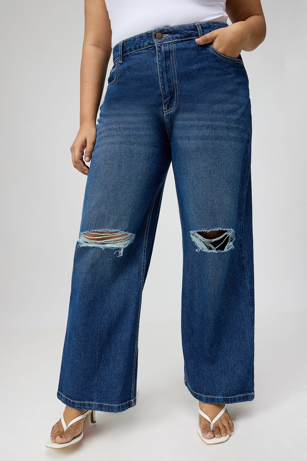 Curve Blue Ripped Wide Jeans